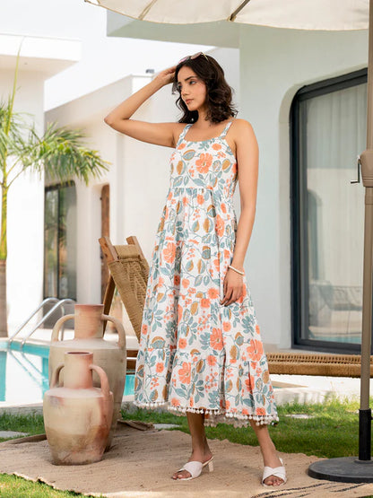 Divena Pink Floral Printed Shoulder Strip Calf Long Ethnic Dress for Women - DK2047_48