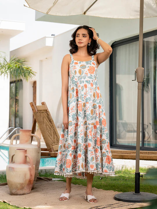 Divena Pink Floral Printed Shoulder Strip Calf Long Ethnic Dress for Women - DK2047_48 White