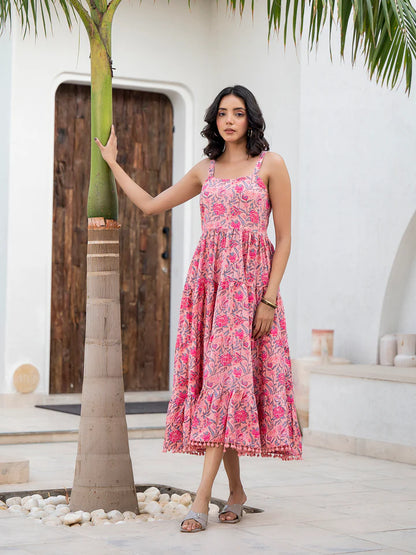 Divena Pink Floral Printed Shoulder Strip Calf Long Ethnic Dress for Women - DK2047_48