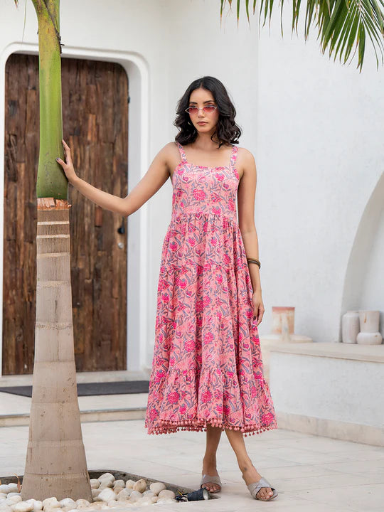 Divena Pink Floral Printed Shoulder Strip Calf Long Ethnic Dress for Women - DK2047_48