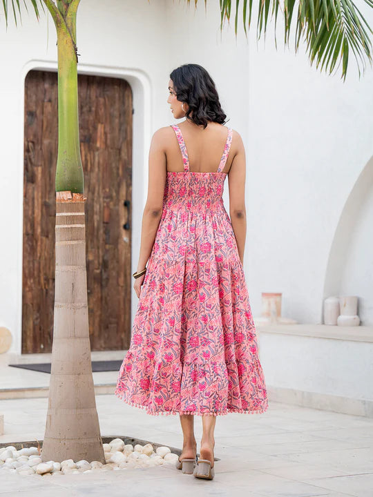 Divena Pink Floral Printed Shoulder Strip Calf Long Ethnic Dress for Women - DK2047_48