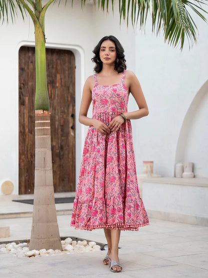 Divena Pink Floral Printed Shoulder Strip Calf Long Ethnic Dress for Women - DK2047_48