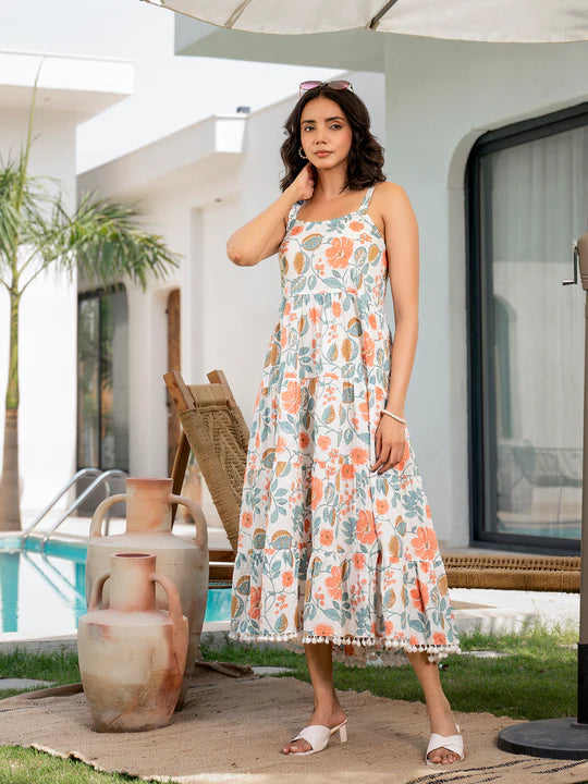 Divena Pink Floral Printed Shoulder Strip Calf Long Ethnic Dress for Women - DK2047_48