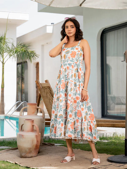 Divena Pink Floral Printed Shoulder Strip Calf Long Ethnic Dress for Women - DK2047_48