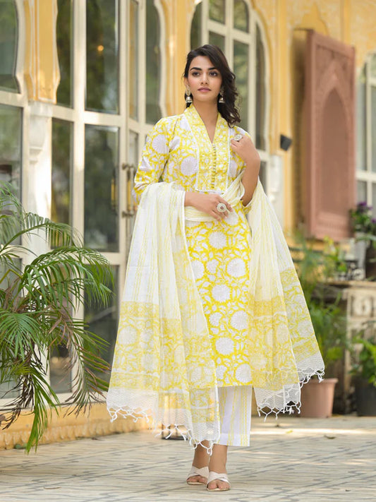 Divena Yellow Hand Block Print Pure Cotton Straight Kurta Set-SSDK2085