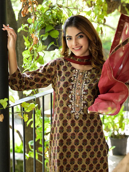 Divena Brown Straight fit Zardozi Work Knee Long Cotton Kurta Set for women - SSDK2096