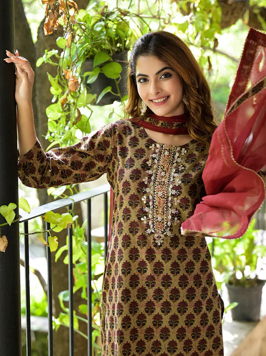 Divena Brown Straight fit Zardozi Work Knee Long Cotton Kurta Set for women - SSDK2096