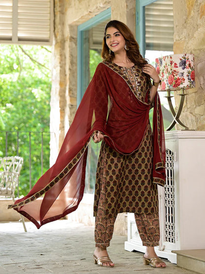 Divena Brown Straight fit Zardozi Work Knee Long Cotton Kurta Set for women - SSDK2096