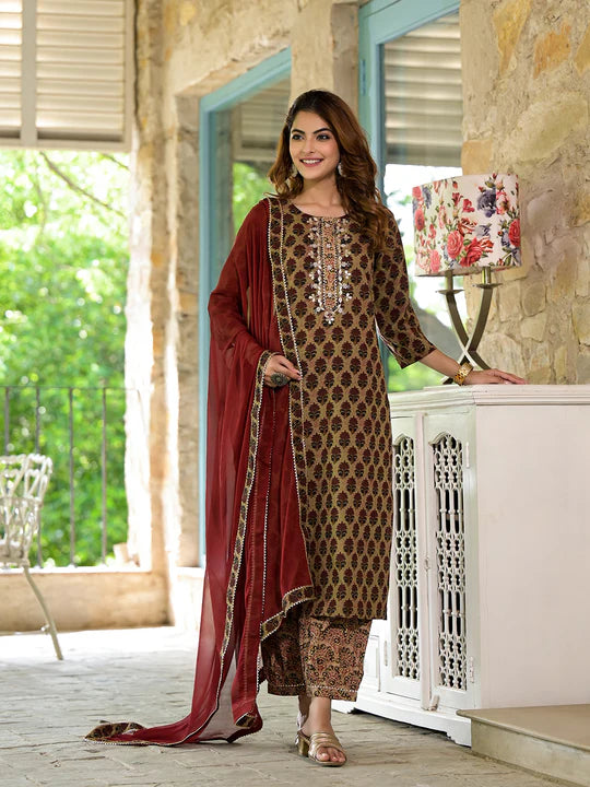 Divena Brown Straight fit Zardozi Work Knee Long Cotton Kurta Set for women - SSDK2096