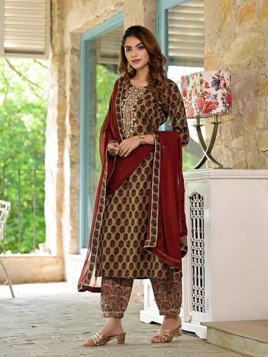 Divena Brown Straight fit Zardozi Work Knee Long Cotton Kurta Set for women - SSDK2096
