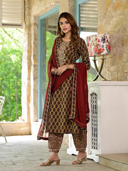 Divena Brown Straight fit Zardozi Work Knee Long Cotton Kurta Set for women - SSDK2096