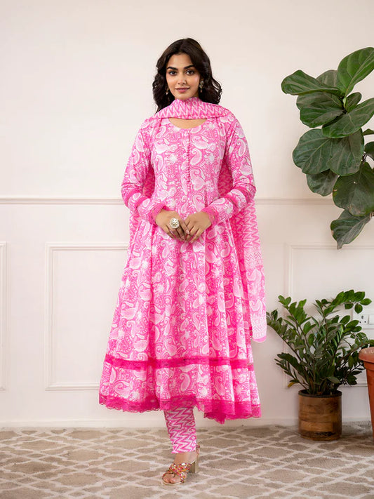 Divena Pink Floral Print Cotton Anarkali Kurta Trouser with Dupatta Set - SSDK2101
