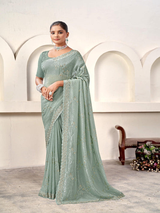 ShinySelect Women silk saree with Zari work & blouse piece (Silk) Sea Green Standard