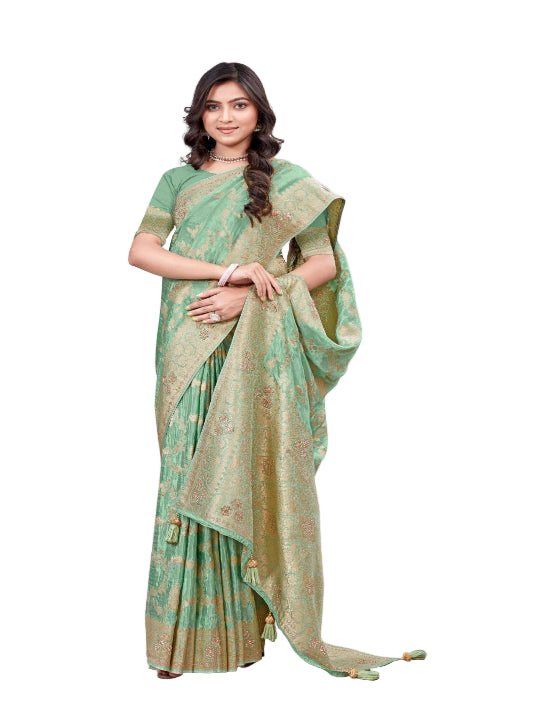 Women pure silk saree with Zari & Stone Work Sea Green