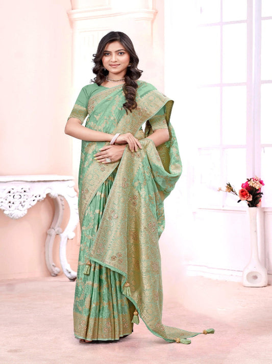 Women pure silk saree with Zari & Stone Work Sea Green