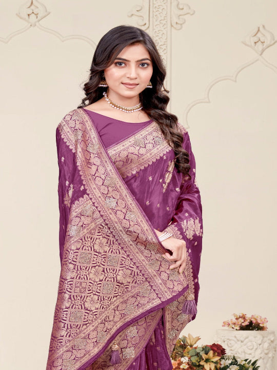 Women pure silk saree with Zari & Stone Work Purple