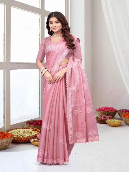 ShinySelect Women Jimmy Choo saree with stone work & blouse piece (Silk) Pink
