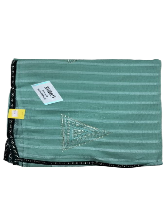 ShinySelect soft Chiffon saree with blouse piece & light stone Light Green