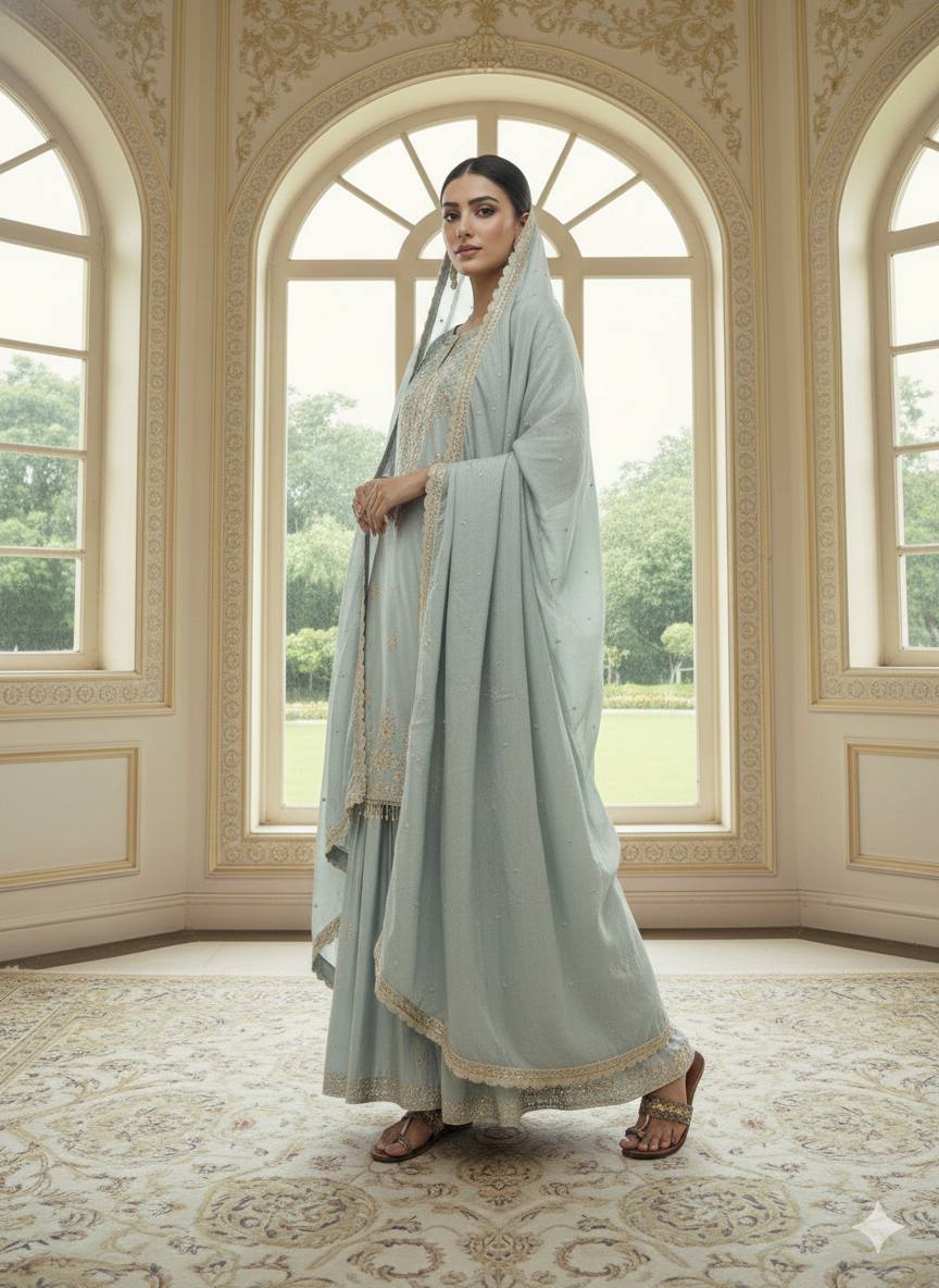 RE Designer Pure Chinon Silk Top-Plazzo Set with 5mm Sequence & Moti Work