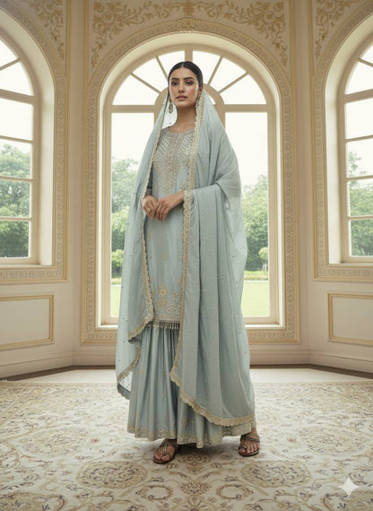 RE Designer Pure Chinon Silk Top-Plazzo Set with 5mm Sequence & Moti Work