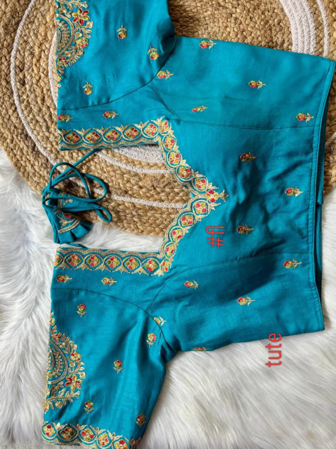 ES Designer V-Neck Vichitra Silk Blouse – Intricate Zari & Sequence Embroidery