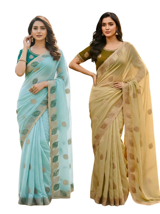 ES Luxurious Embroidered Saree with Ready-to-Wear Contrast Blouse