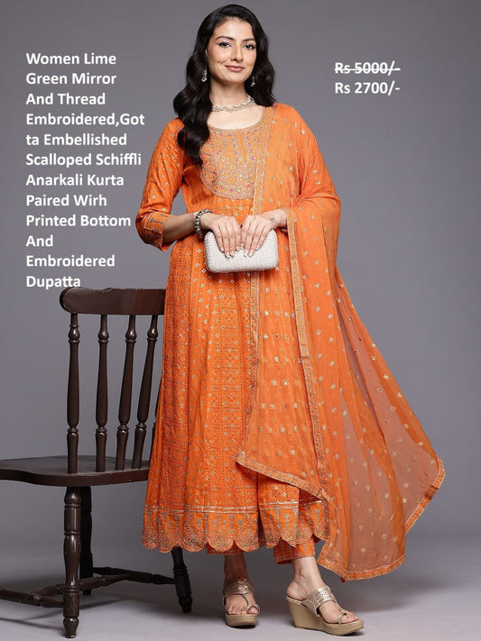 KF Mirror and Thread Embroidered, Zari Embellished Anarkali Kurta With Printed Bottom and Embroidered Dupatta