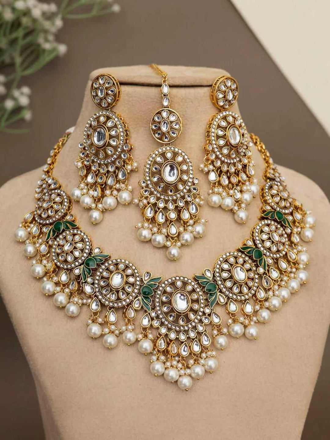 YNF Kundan Necklace Earrings Maangtika Set | Wedding Jewelry | 4 Color Options