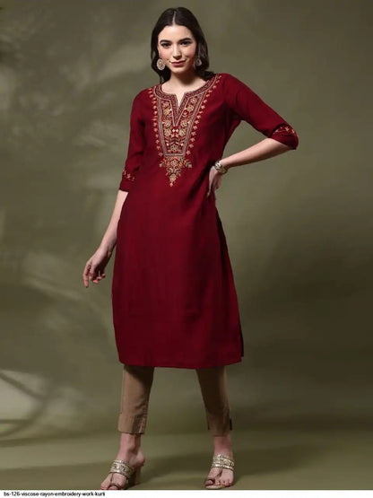 WT Women’s Viscose Rayon Straight Kurti with Elegant Embroidery Work