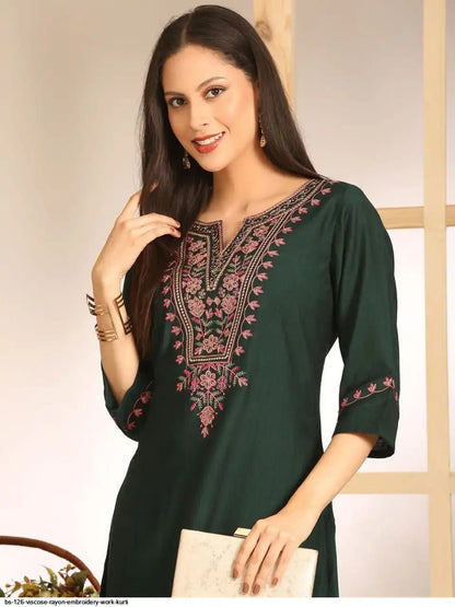 WT Women’s Viscose Rayon Straight Kurti with Elegant Embroidery Work