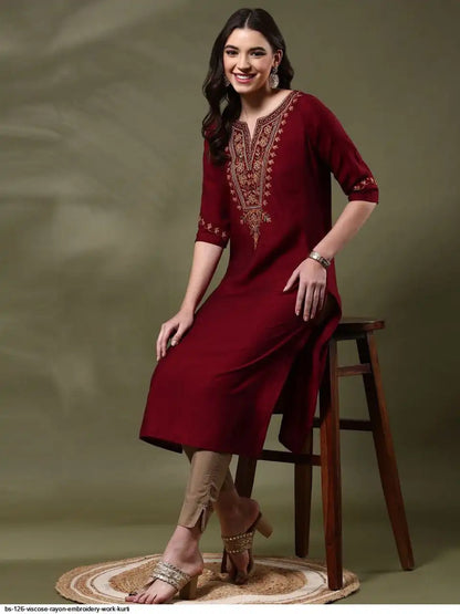 WT Women’s Viscose Rayon Straight Kurti with Elegant Embroidery Work