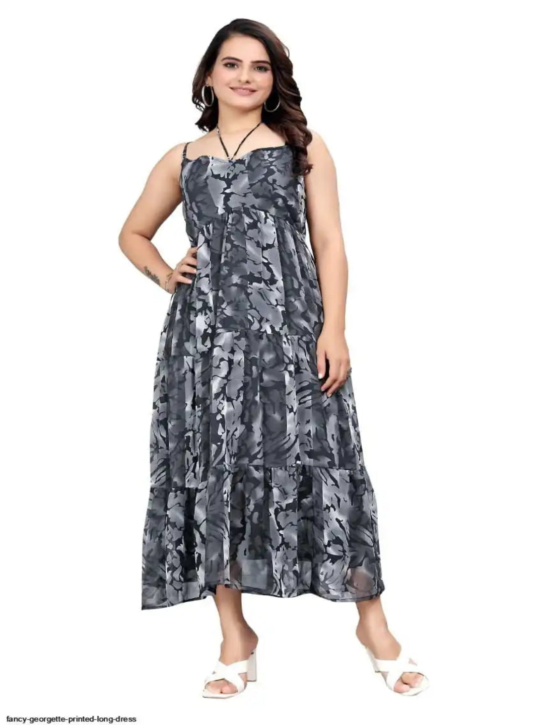 WT Women's Fancy Printed Georgette Long Dress (Black, M-2XL)