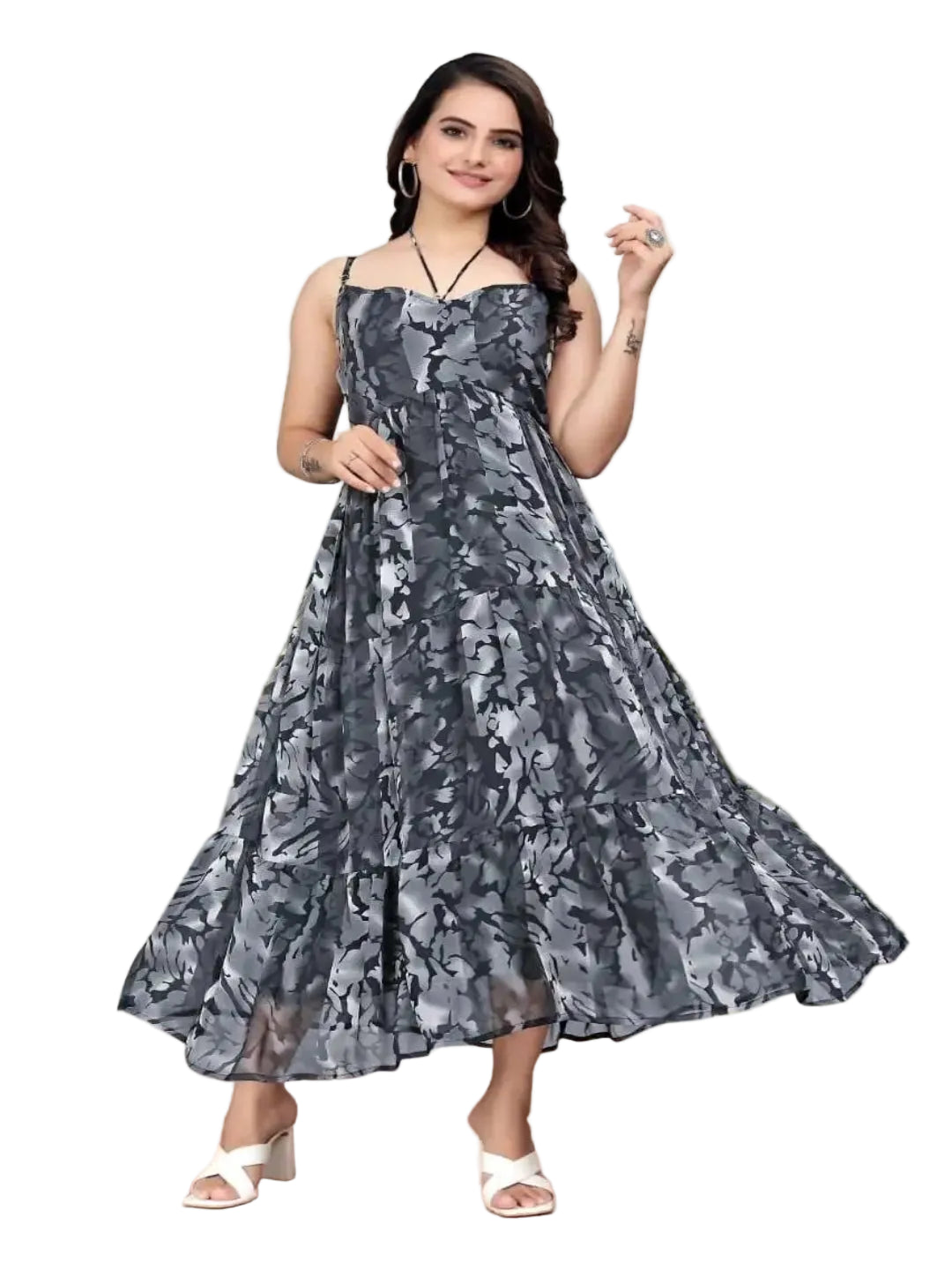 WT Women's Fancy Printed Georgette Long Dress (Black, M-2XL)