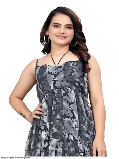 WT Women's Fancy Printed Georgette Long Dress (Black, M-2XL)
