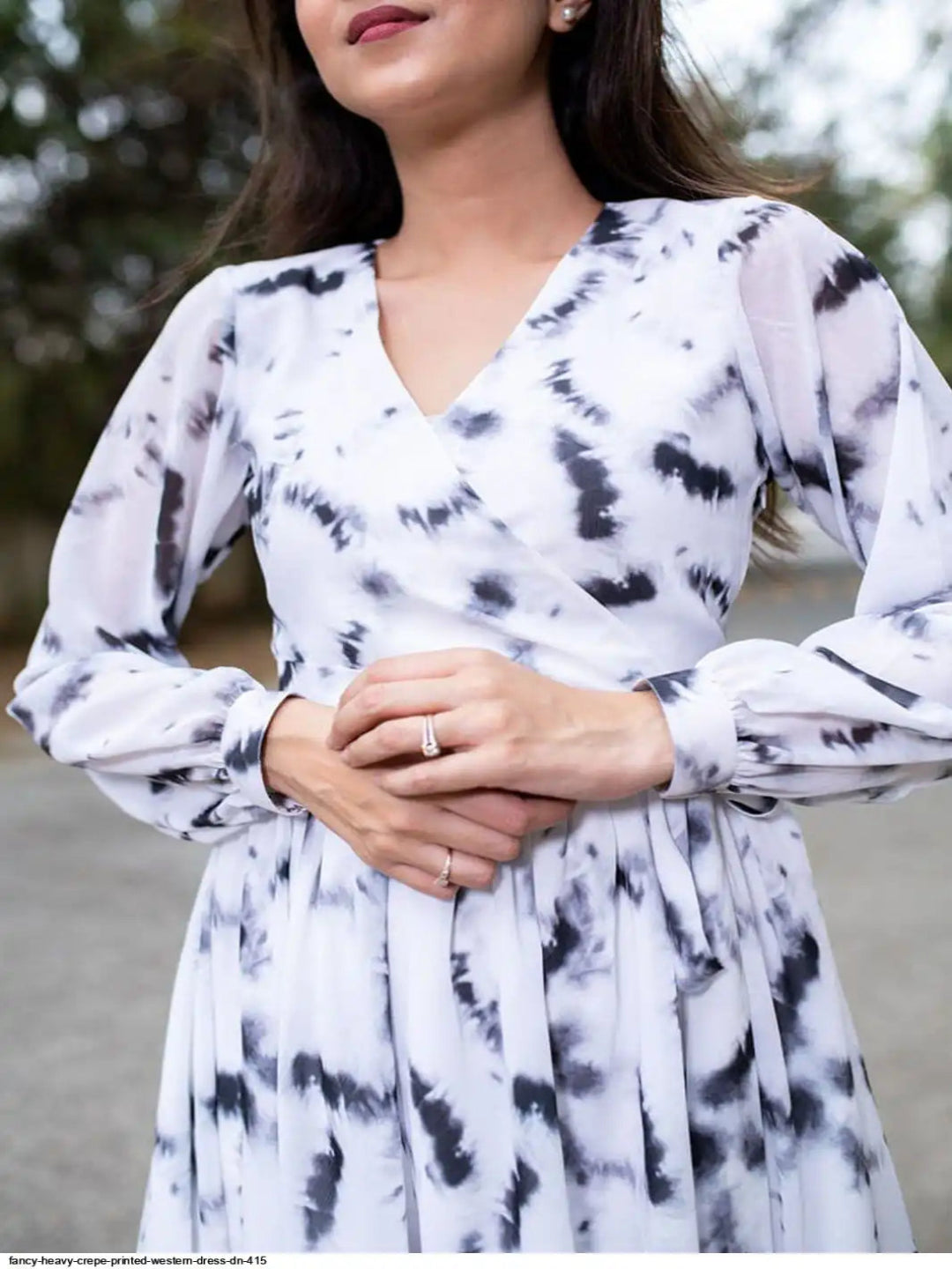 WT Designer V-Neck Printed Midi Top for Women | Heavy Crepe Full Sleeve Top