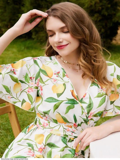 WT Designer V-Neck Printed Midi Top for Women | Heavy Crepe Full Sleeve Top