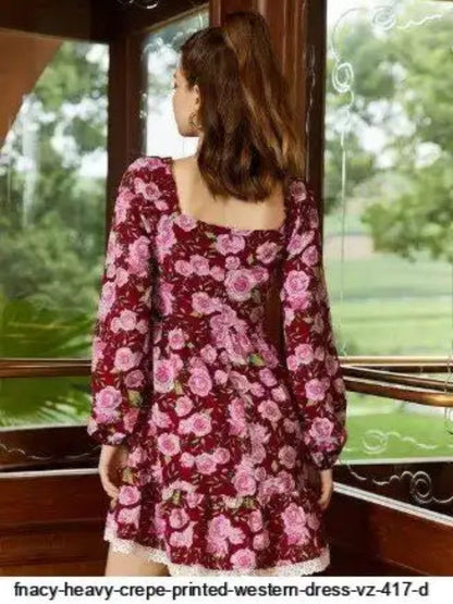 WT Designer V-Neck Printed Midi Top for Women | Heavy Crepe Full Sleeve Top