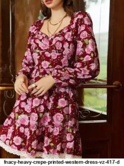 WT Designer V-Neck Printed Midi Top for Women | Heavy Crepe Full Sleeve Top