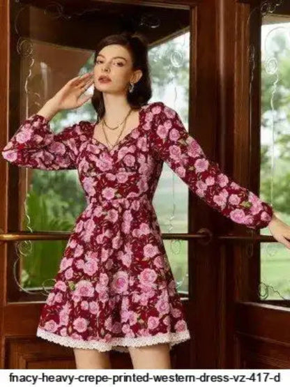 WT Designer V-Neck Printed Midi Top for Women | Heavy Crepe Full Sleeve Top