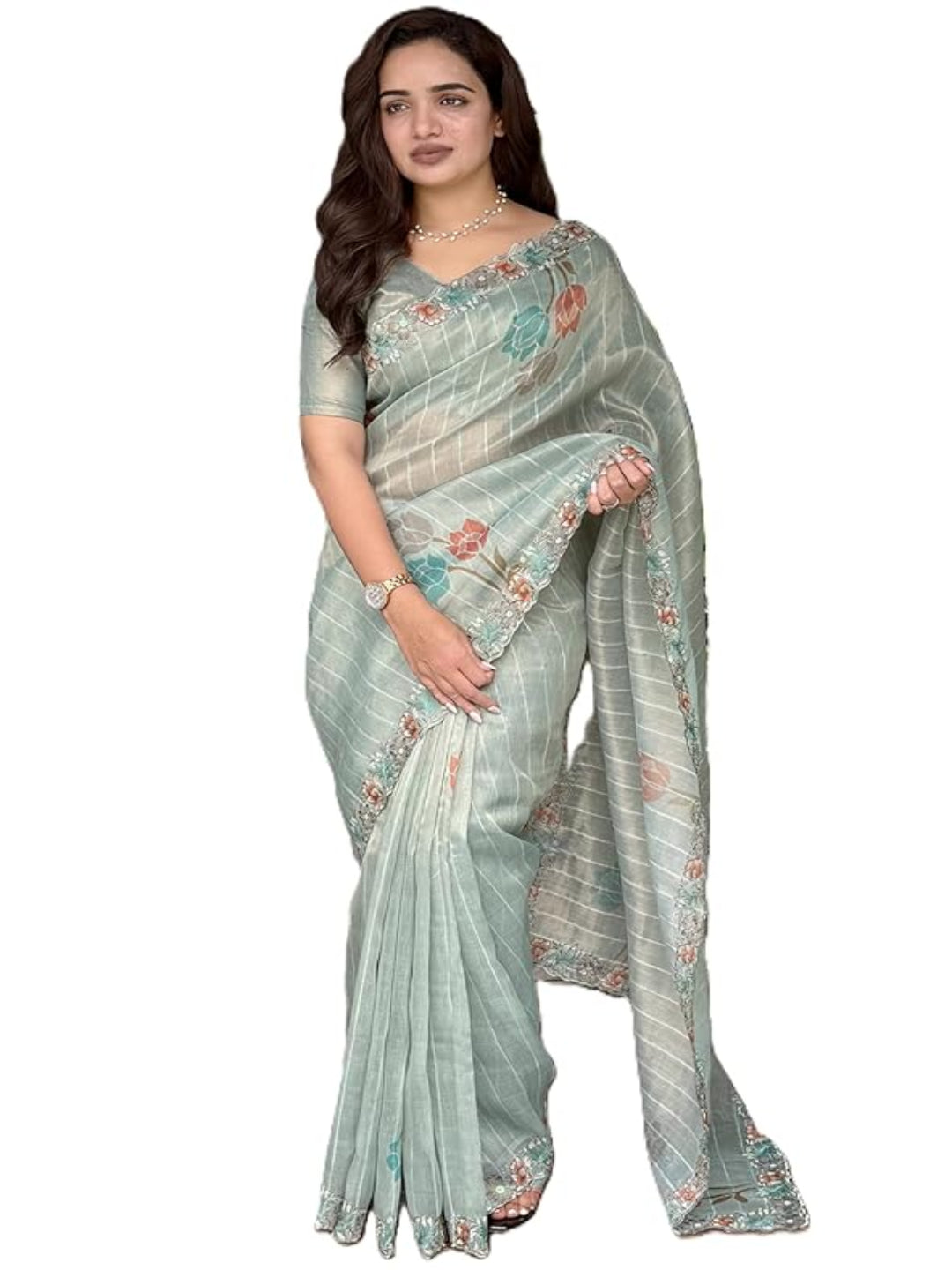 वाईएनएफ काइशा बेज ग्लास टिशू ऑर्गेंज़ा साड़ी, सीक्विन और मल्टी-कलर थ्रेड वर्क के साथ