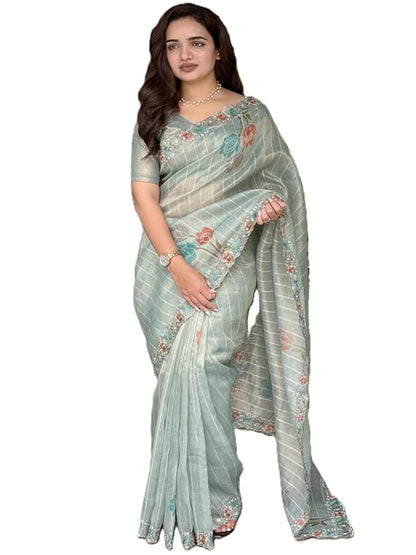 वाईएनएफ काइशा बेज ग्लास टिशू ऑर्गेंज़ा साड़ी, सीक्विन और मल्टी-कलर थ्रेड वर्क के साथ