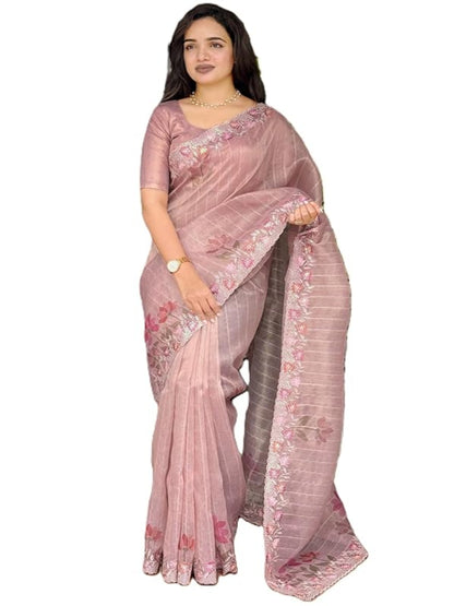 वाईएनएफ काइशा बेज ग्लास टिशू ऑर्गेंज़ा साड़ी, सीक्विन और मल्टी-कलर थ्रेड वर्क के साथ