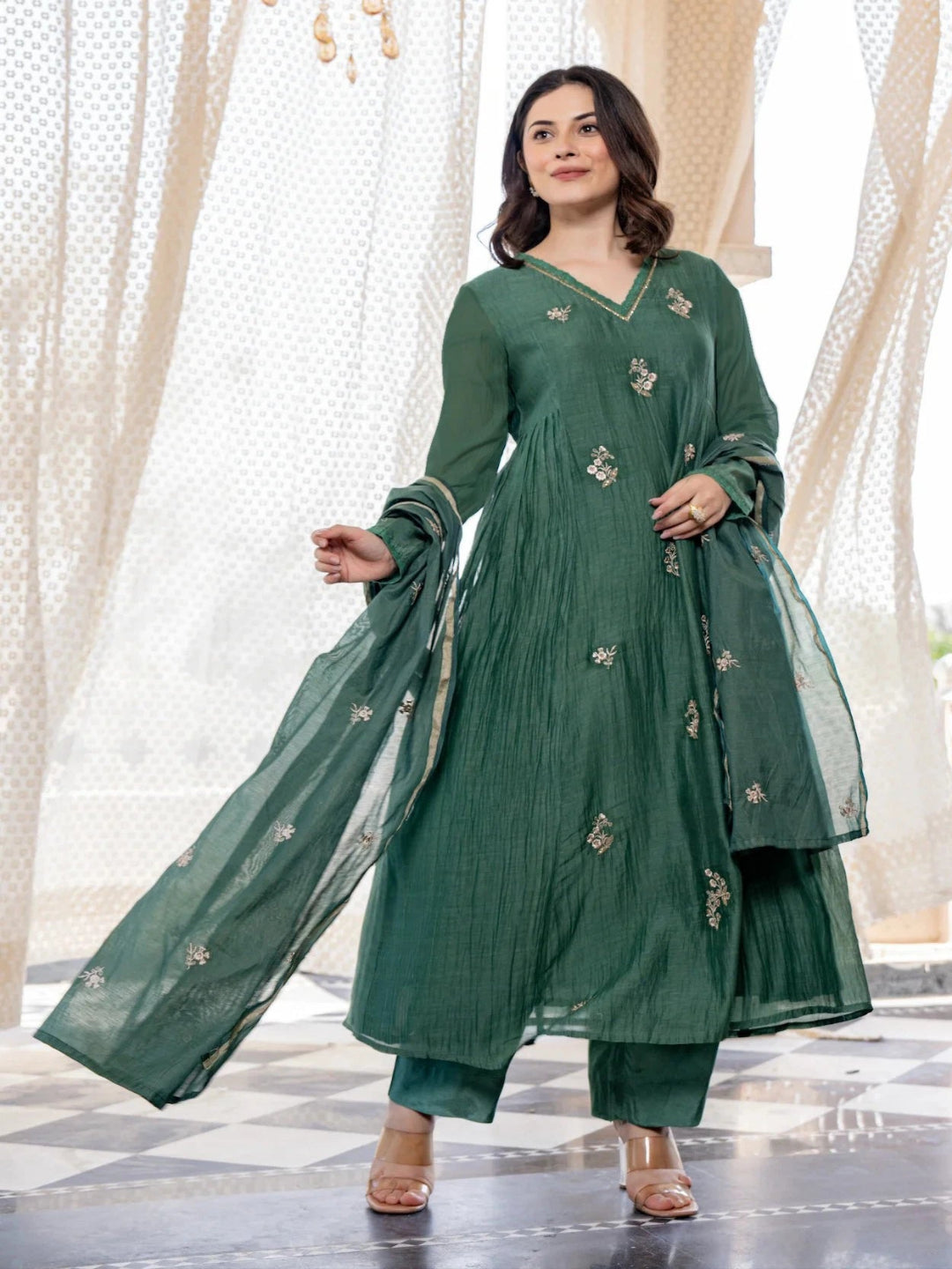 AA Viscose Silk Anarkali Kurta Set with Chanderi Dupatta and Pant