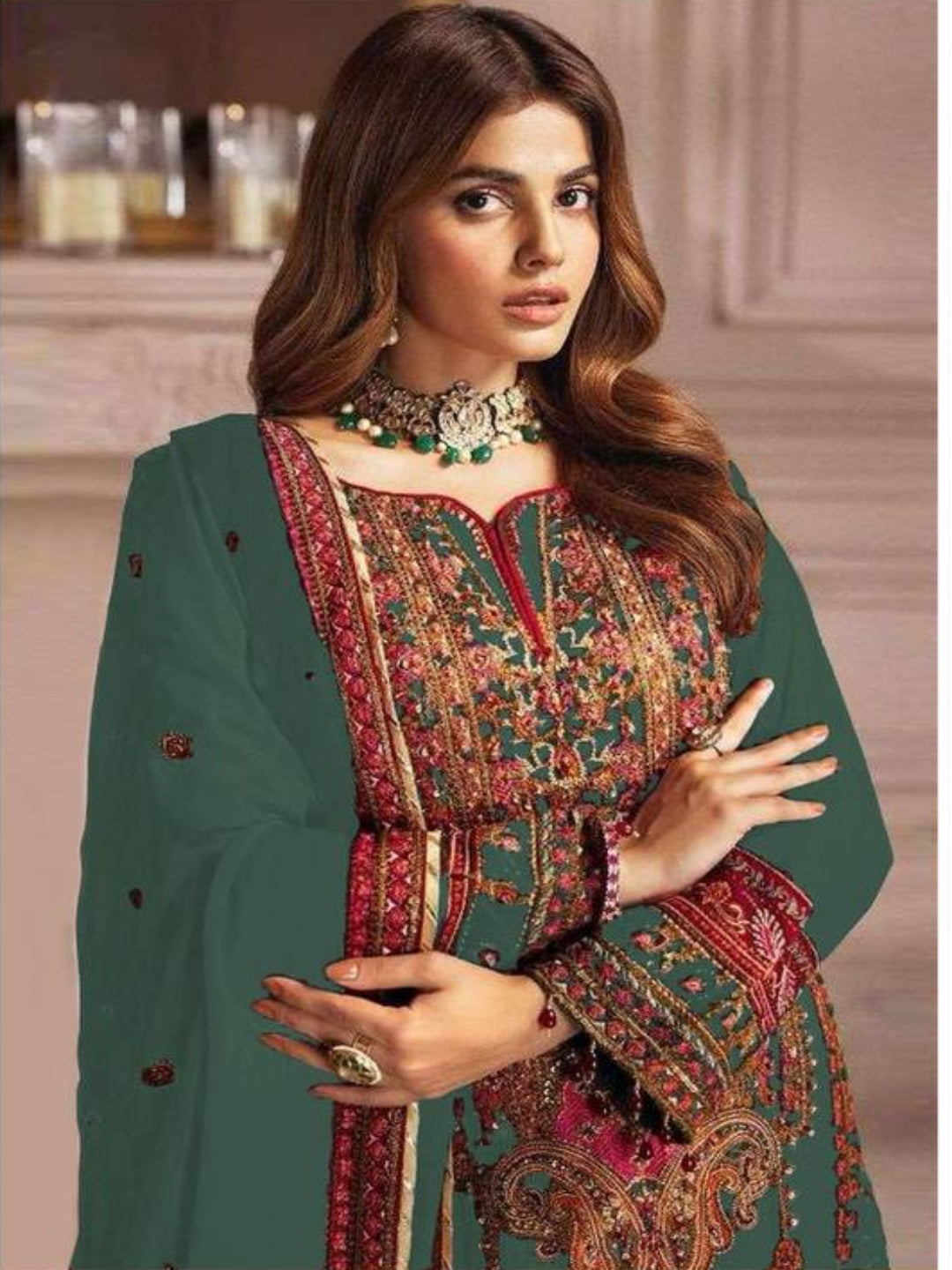 YNF Designer Heavy Faux Georgette Unstitched Suit Material with Sequence Embroidery