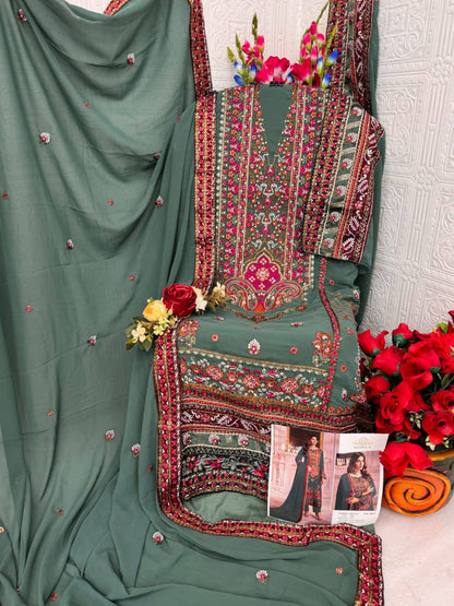 YNF Designer Heavy Faux Georgette Unstitched Suit Material with Sequence Embroidery