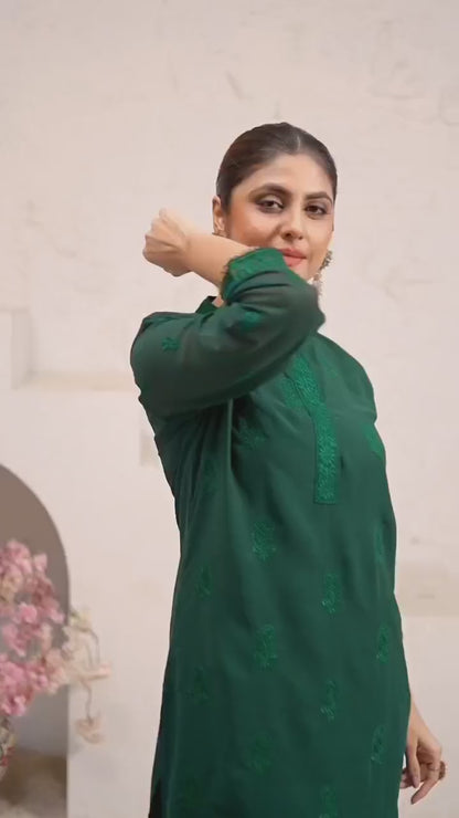 MV Embroidered Fox Georgette Kurti with Heavy Muslin Pants | Stitched Inner Kurta Set