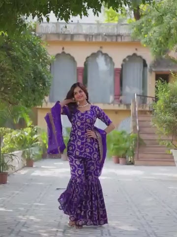 ES Georgette Jacquard Top, Gharara, and Dupatta with Sequins Embroidery and Lace Border
