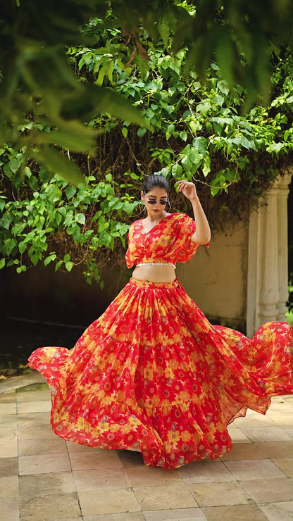 Chiffon Floral Print Stitched Lehenga Choli
