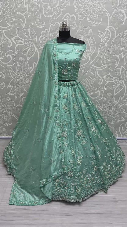 ES Gold Crush Pure Fabric Lehenga with Motif & Crystal Pipe Handwork
