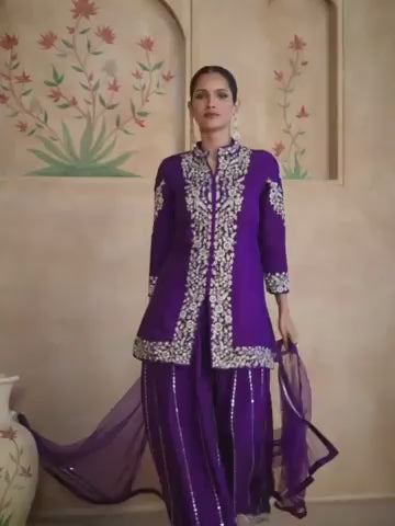 ES Top and Plazzo in Premium Chinon Silk (Free Size Stitch) & Dupatta in Premium Net